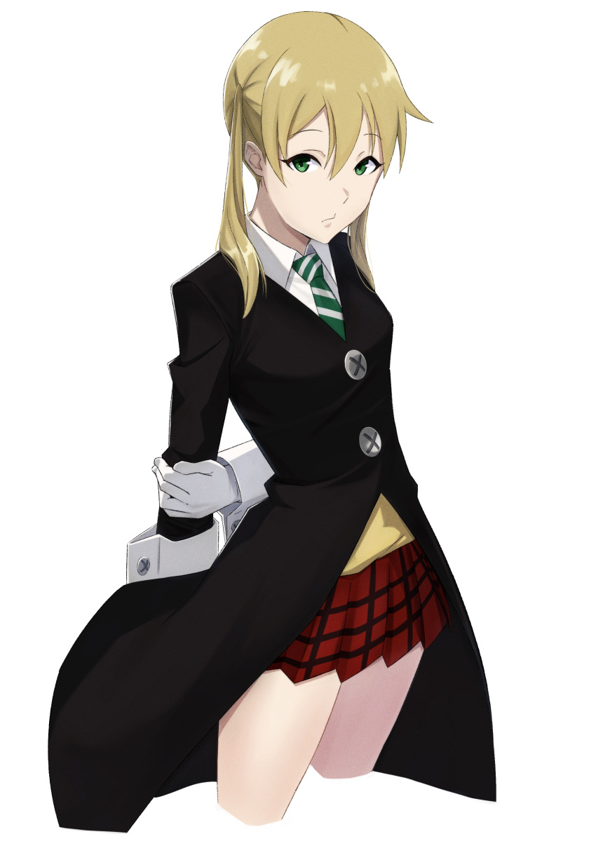 1girl absurdres blonde_hair closed_mouth gloves green_eyes green_necktie highres long_hair long_sleeves looking_at_viewer maka_albarn necktie plaid plaid_skirt pleated_skirt simple_background skirt solo soul_eater striped_necktie suiten twintails white_background white_gloves