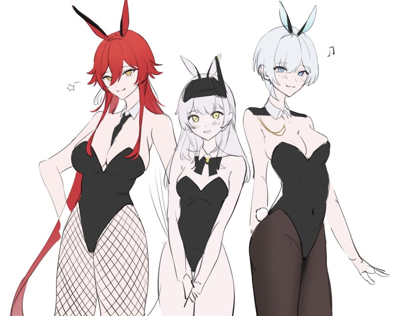 animal_ears blue_eyes blush breasts fishnets goddess_of_victory:_nikke guriddopitto highres liliweiss_(nikke) necktie pantyhose playboy_bunny rabbit_ears rabbit_tail red_eyes red_hood_(nikke) redhead snow_white:_innocent_days_(nikke) snow_white_(nikke) tail thick_thighs thighs white_hair yellow_eyes