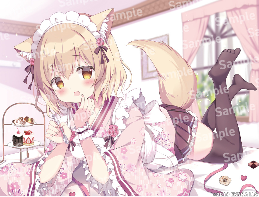 1girl :d animal_ear_fluff animal_ears apron azumi_kazuki black_skirt black_thighhighs blurry blurry_background blush brown_eyes brown_hair checkerboard_cookie commentary_request cookie curtains depth_of_field floral_print food frilled_apron frilled_skirt frilled_sleeves frills hair_between_eyes holding holding_spoon indoors japanese_clothes kimono long_sleeves looking_at_viewer lying maid maid_headdress nail_polish no_shoes on_stomach original pink_kimono pink_nails print_kimono sample_watermark skirt smile soles solo spoon tail thigh-highs tiered_tray wa_maid watermark white_apron wide_sleeves window