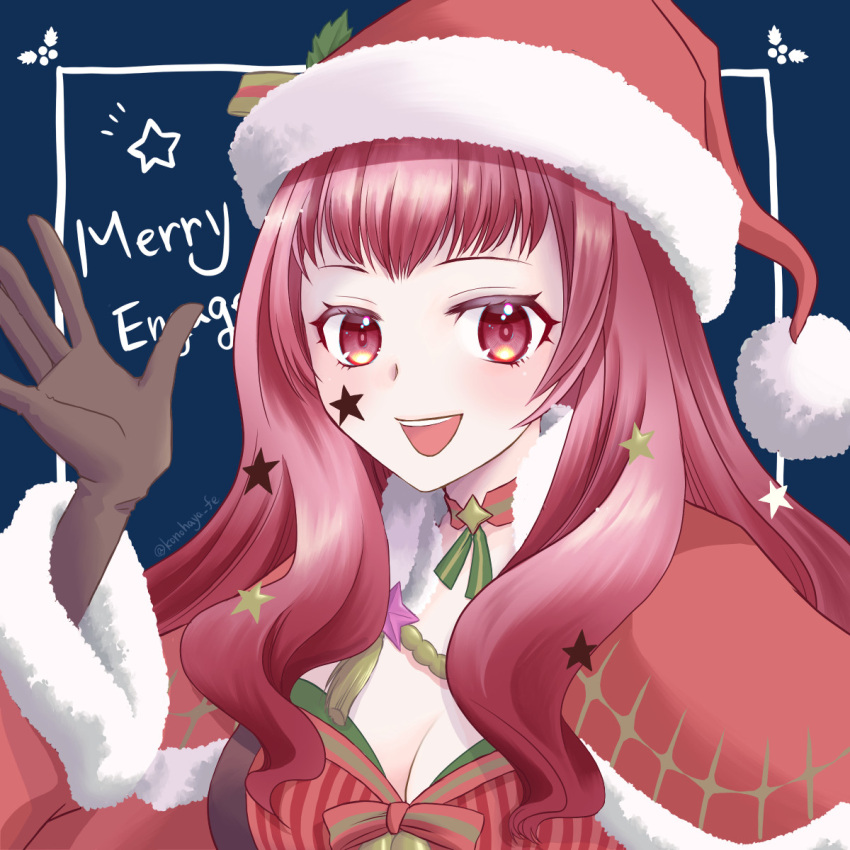 1girl bodysuit cape christmas facial_mark fire_emblem fire_emblem_engage fire_emblem_heroes hair_ornament hat highres holding holding_sack holly_hair_ornament konohaya_fe multicolored_cape multicolored_clothes official_alternate_costume open_mouth red_bodysuit red_cape sack santa_hat solo star_(symbol) star_facial_mark star_hair_ornament star_print teeth upper_teeth_only yunaka_(fire_emblem) yunaka_(fire_emblem)_(spirited_envoy)