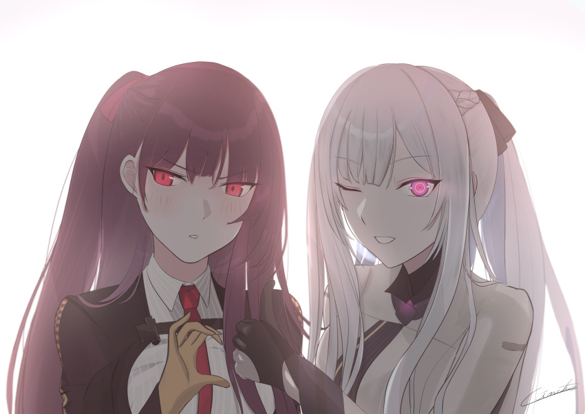 2girls absurdres ak-12_(girls'_frontline) artificial_eye artist_name black_gloves black_jacket blush braid breasts french_braid gincho girls_frontline gloves glowing glowing_eye hair_ribbon highres jacket long_hair long_sleeves looking_at_viewer multiple_girls one_eye_closed open_mouth ponytail purple_hair red_eyes ribbon side_ponytail sidelocks simple_background smile upper_body violet_eyes wa2000_(girls'_frontline) white_hair white_jacket yellow_gloves