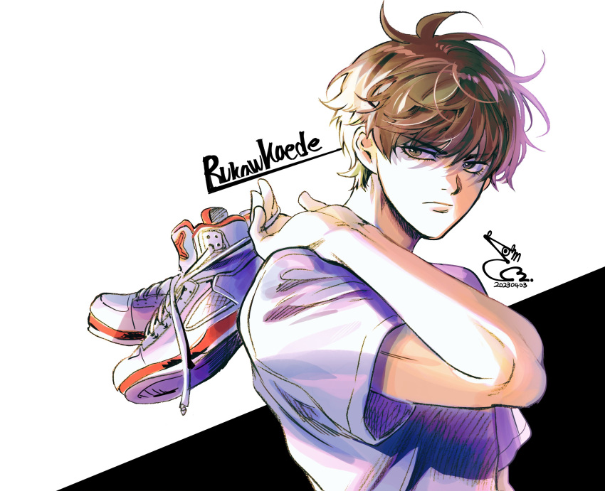 1boy absurdres bae_(baebae) bishounen brown_eyes brown_hair carrying_over_shoulder closed_mouth highres holding holding_shoes looking_to_the_side male_focus rukawa_kaede shirt shoes short_hair simple_background slam_dunk_(series) sneakers solo sunlight unworn_shoes upper_body white_background white_footwear white_shirt