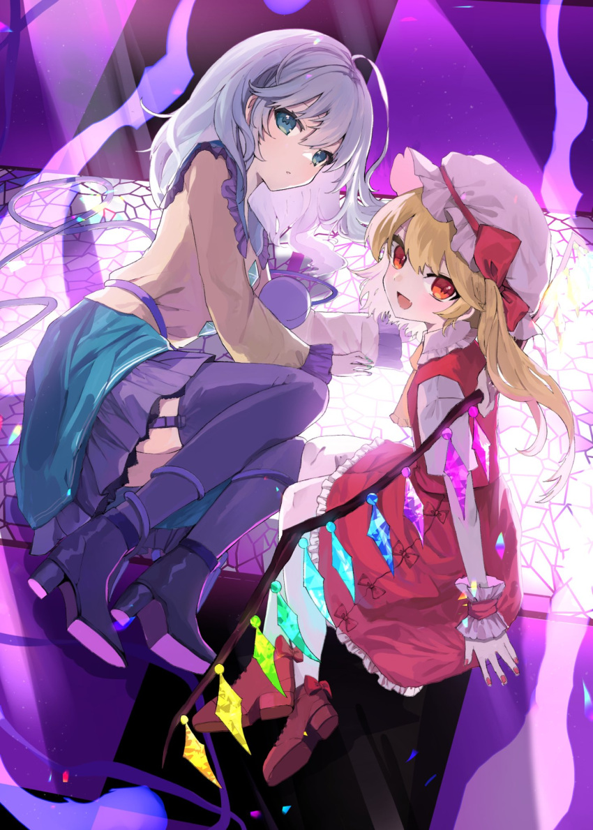 2girls :d arm_support ascot black_footwear black_thighhighs blonde_hair blush bow buttons chireiden commentary diamond_button eyebrows_hidden_by_hair eyelashes fang flandre_scarlet frilled_skirt frills full_body garter_straps green_eyes green_hair green_nails green_sailor_collar green_skirt hair_between_eyes hair_spread_out hat hat_bow high_heels highres indoors komeiji_koishi long_hair looking_at_viewer lying mob_cap multiple_girls nail_polish on_side open_mouth parted_lips pumps red_bow red_eyes red_footwear red_nails red_skirt red_vest sailor_collar shirt short_sleeves side_ponytail sitting skin_fang skirt smile stained_glass thigh-highs third_eye touhou trait_connection tsukikusa tsurime underlighting vest white_headwear white_shirt white_thighhighs wide_sleeves yellow_ascot yellow_shirt yokozuwari zettai_ryouiki