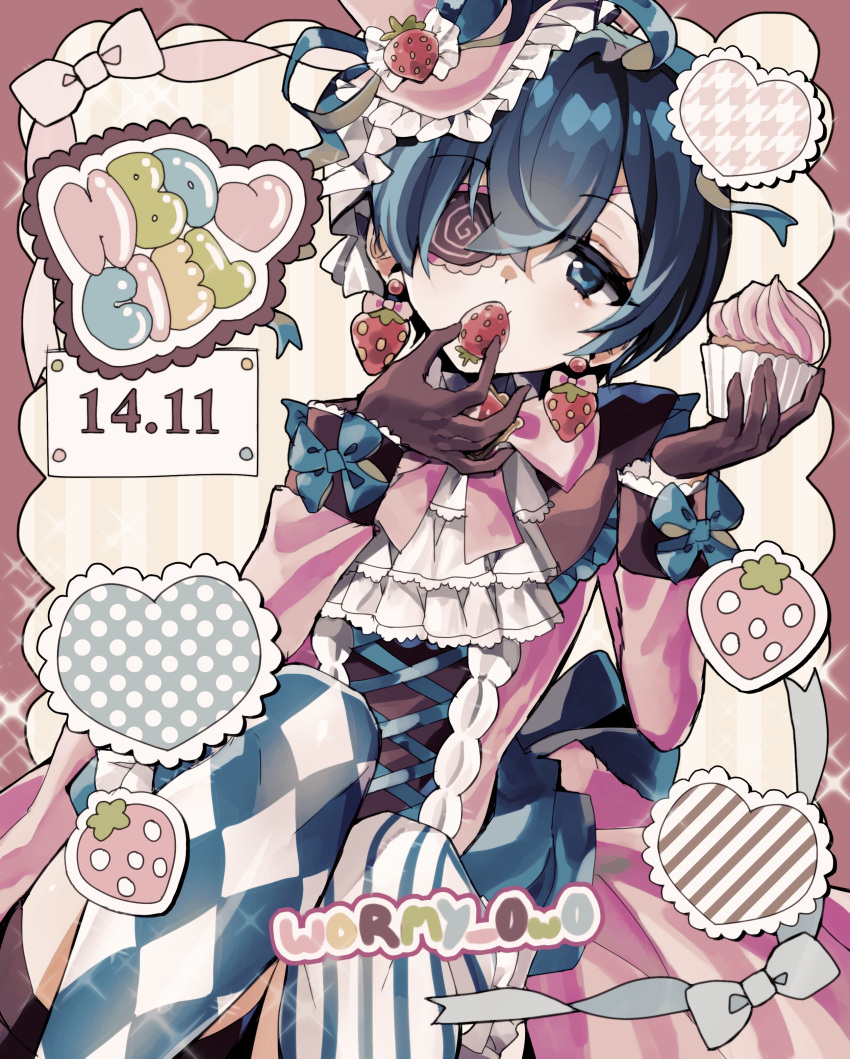 1boy absurdres birthday blue_eyes blue_hair bow ciel_phantomhive cupcake earrings eating food food-themed_earrings frilled_hat frills fruit gloves happy_birthday hat heart highres holding holding_food holding_fruit jewelry kuroshitsuji male_focus otoko_no_ko patterned_clothing pink_theme short_hair shota solo strawberry strawberry_earrings wormy_owo