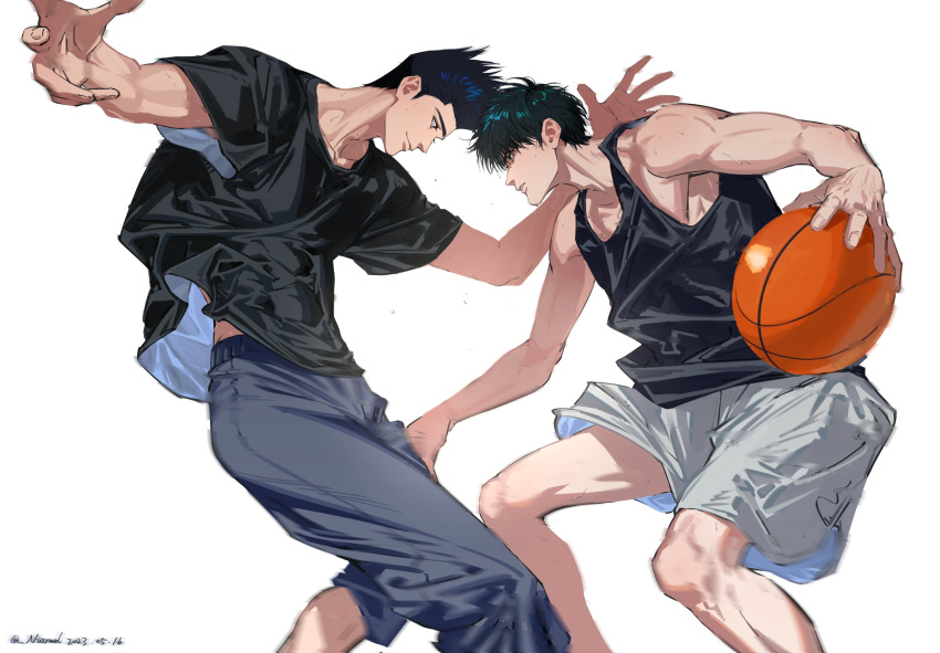 2boys armpit_peek arms_up ball basketball basketball_(object) black_eyes black_hair black_shirt black_tank_top blue_eyes blue_pants closed_mouth clothes_lift eye_contact face-to-face feet_out_of_frame grey_shorts highres holding holding_ball looking_at_another male_focus midriff_peek motion_blur multiple_boys niarwol pants parted_lips pectorals playing_sports rukawa_kaede sendou_akira shirt short_hair shorts sidepec simple_background slam_dunk_(series) smile spiky_hair sweat tank_top toned toned_male white_background