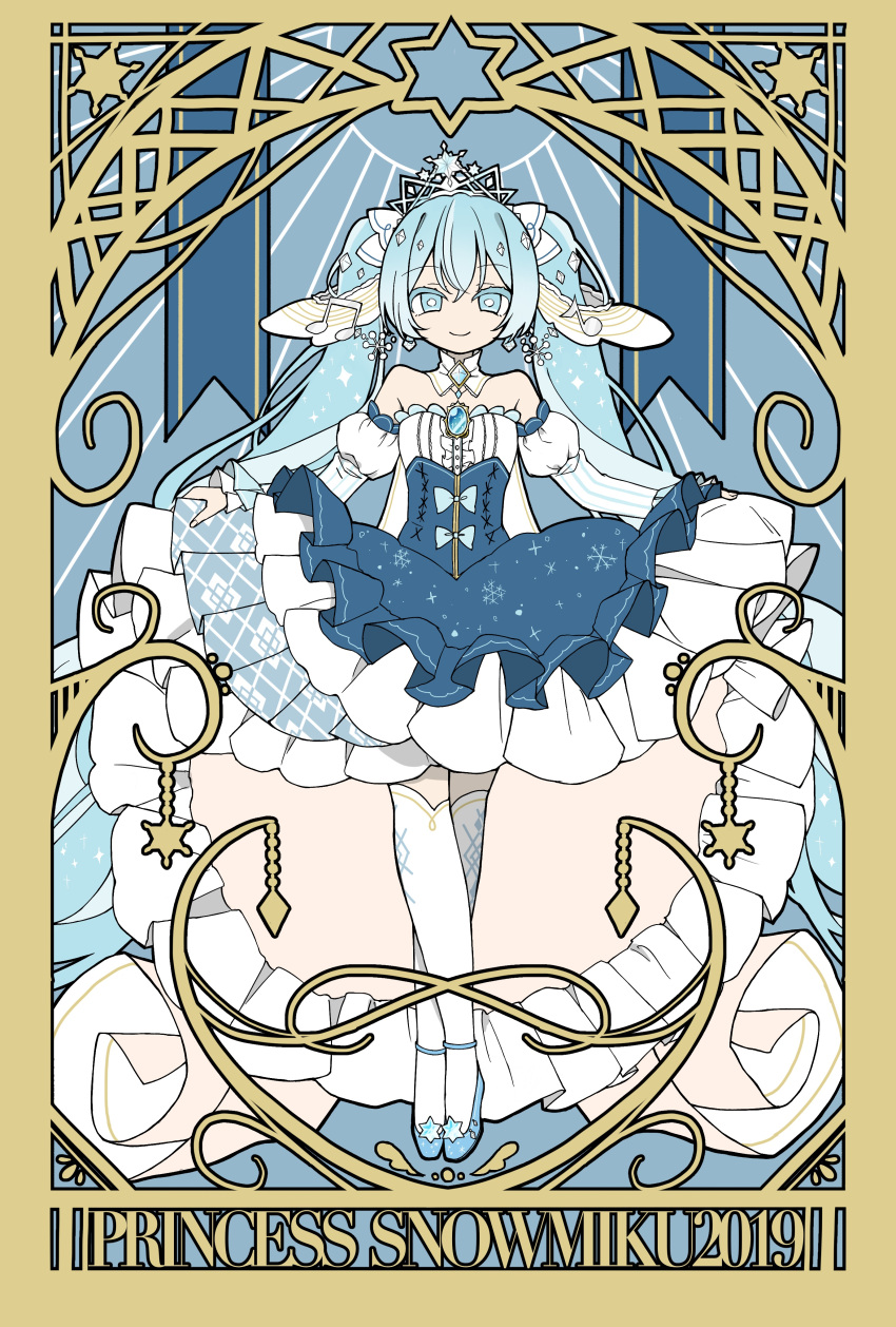 1girl 2019 absurdres beamed_eighth_notes blue_dress blue_eyes blue_hair bright_pupils brooch cape center_frills character_name closed_eyes commentary detached_collar detached_sleeves dress earrings eighth_note framed_breasts frilled_dress frilled_sleeves frills full_body gold_trim hair_ornament halo hatsune_miku highres jewelry layered_dress light_blue_hair long_hair long_sleeves musical_note musical_note_hair_ornament puffy_detached_sleeves puffy_long_sleeves puffy_sleeves shiro_kuro_(shirokuro_3939) skirt_hold sleeveless sleeveless_dress smile snowflake_earrings snowflakes solo straight-on tarot tarot_(medium) thigh-highs tiara twintails very_long_hair vocaloid white_cape white_pupils white_thighhighs yuki_miku yuki_miku_(2019)
