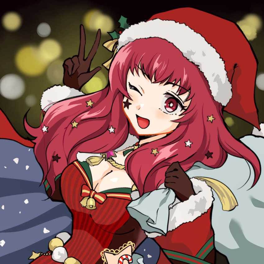 1girl blue_cape bodysuit cape christmas facial_mark fire_emblem fire_emblem_engage fire_emblem_heroes hair_ornament hat highres holding holding_sack holly_hair_ornament ice_pick multicolored_cape multicolored_clothes oda32t official_alternate_costume red_bodysuit sack santa_hat solo star_(symbol) star_facial_mark star_hair_ornament star_print two-tone_cape v yunaka_(fire_emblem) yunaka_(fire_emblem)_(spirited_envoy)