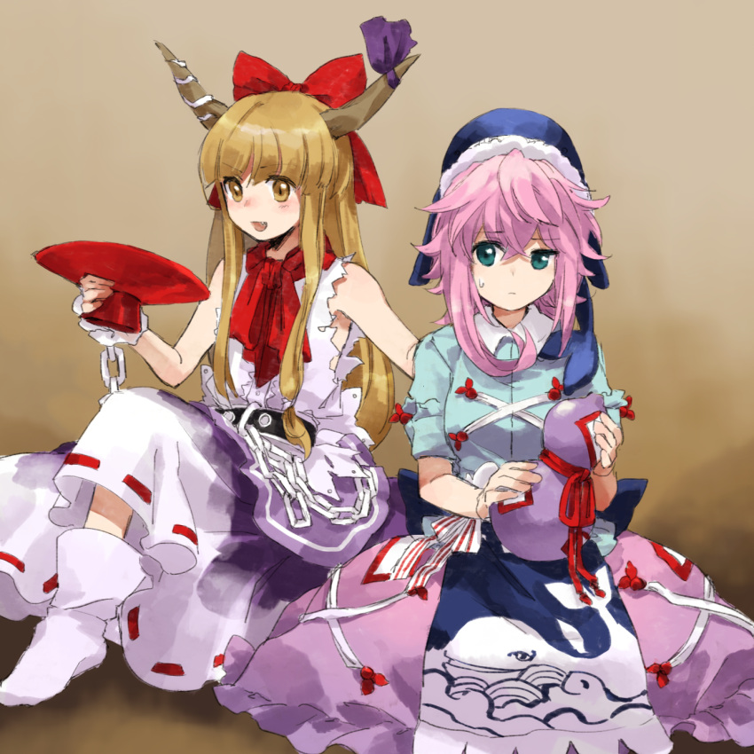 2girls apron aqua_eyes belt black_belt blue_headwear blue_shirt breasts brown_eyes brown_hair chain closed_mouth collared_shirt cup flat_chest frilled_skirt frills hair_between_eyes hair_ornament hair_ribbon highres holding holding_cup horn_ornament horn_ribbon horns ibuki_suika kaigen_1025 long_hair medium_breasts medium_hair multiple_girls neck_ribbon okunoda_miyoi pink_hair pink_skirt purple_ribbon ribbon ribbon-trimmed_skirt ribbon_trim sakazuki shirt short_sleeves sidelocks sitting skirt socks sweat torn_clothes torn_shirt touhou uneven_eyes very_long_hair waist_apron whale_hair_ornament white_shirt white_skirt white_socks