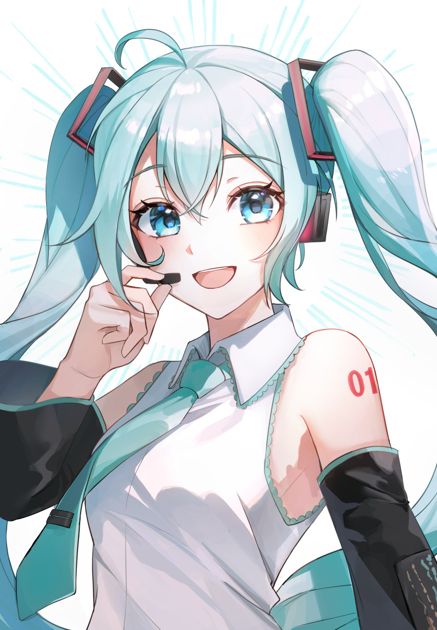 1girl :d absurdres ahoge aqua_necktie arm_tattoo black_sleeves blue_eyes blue_hair collared_shirt commentary detached_sleeves floating_hair hair_between_eyes hair_ornament hatsune_miku headphones headset highres long_hair long_sleeves looking_at_viewer microphone necktie number_tattoo open_mouth shirt sleeveless sleeveless_shirt smile solo tattoo twintails upper_body very_long_hair vocaloid white_background white_shirt wing_collar youwon0417