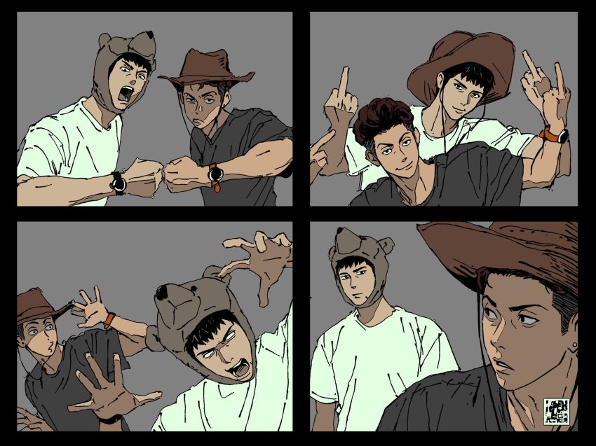 2boys bear_hat beomtu2443 black_eyes black_hair brown_eyes brown_hair closed_mouth cowboy_hat dark-skinned_male dark_skin earrings fist_bump grey_background grey_shirt hat highres jewelry looking_at_another looking_at_viewer male_focus middle_finger mitsui_hisashi miyagi_ryouta multiple_boys multiple_views open_hand open_mouth scar scar_on_chin scar_on_face shirt short_hair simple_background slam_dunk_(series) smile stud_earrings undercut upper_body watch watch wavy_hair white_shirt