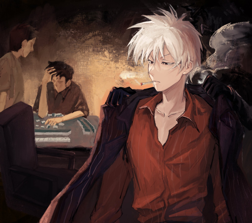 3boys akagi:_yami_ni_oritatta_tensai akagi_shigeru black_eyes black_gloves brown_background brown_hair chair cigarette closed_mouth collared_shirt commentary expressionless faceless faceless_male fukumoto_mahjong gloves hand_in_own_hair highres jacket jacket_on_shoulders looking_to_the_side mahjong mahjong_tile male_focus medium_bangs multiple_boys office_chair open_clothes open_jacket red_shirt ricunmaye shirt short_hair smoking solo_focus striped striped_jacket striped_shirt swivel_chair upper_body vertical-striped_jacket vertical-striped_shirt vertical_stripes white_hair