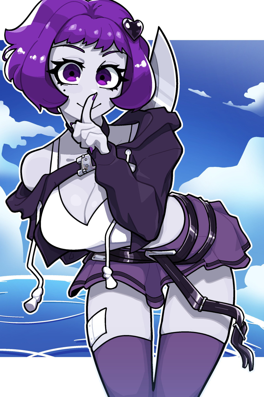 1girl absurdres bandaid_on_thigh blue_sky bob_cut colored_skin finger_to_mouth grey_skin highres holding holding_knife hood hoodie knife looking_at_viewer midriff mole mole_under_eye muds neon_violet neon_white purple_hair purple_nails purple_thighhighs short_hair skirt sky smile thigh-highs violet_eyes
