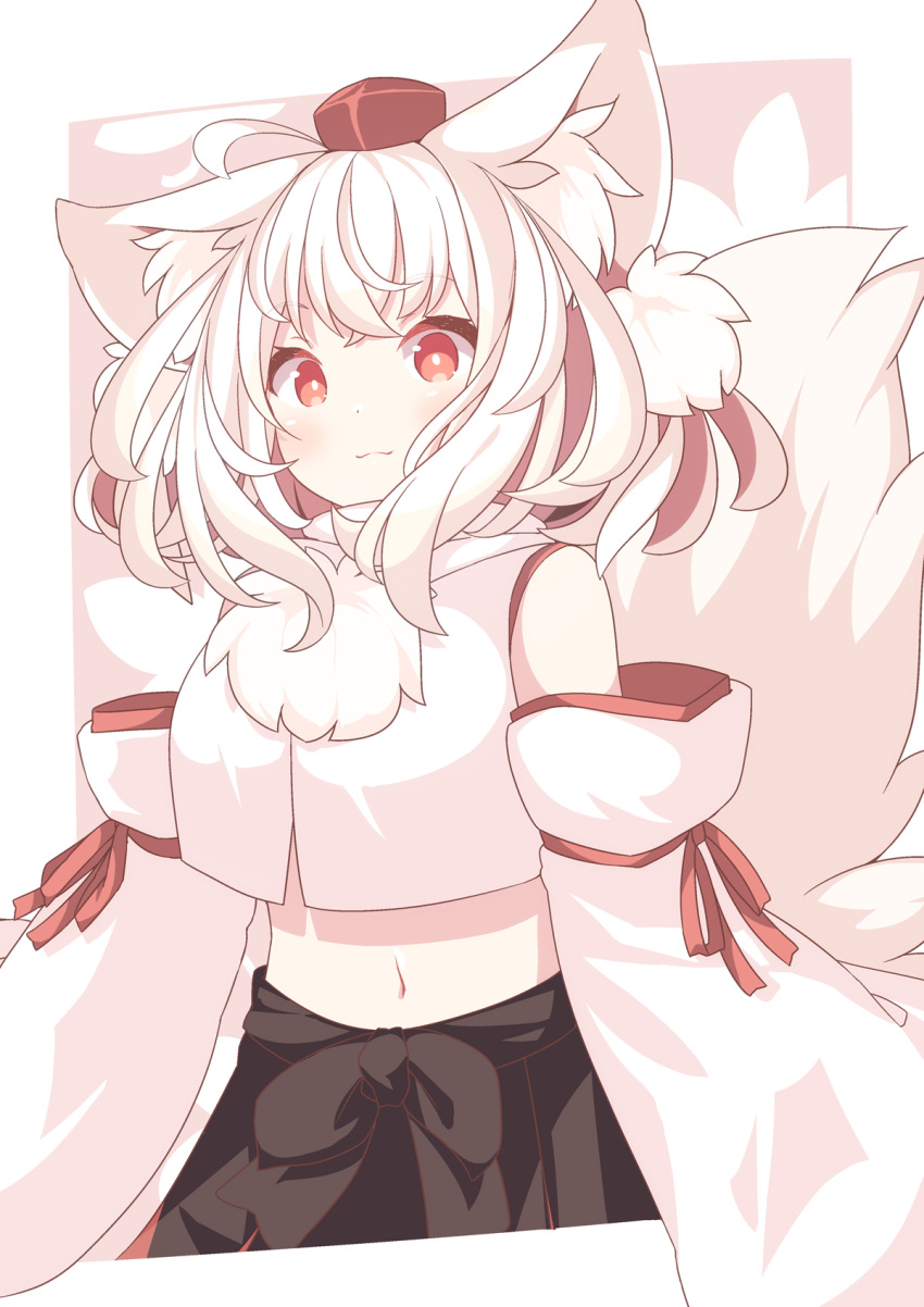 1girl animal_ears bare_shoulders black_skirt blush closed_mouth daidai_ookami detached_sleeves hat highres inubashiri_momiji japanese_clothes navel pom_pom_(clothes) red_eyes red_headwear short_hair skirt solo tail tokin_hat touhou white_hair white_sleeves wolf_ears wolf_tail