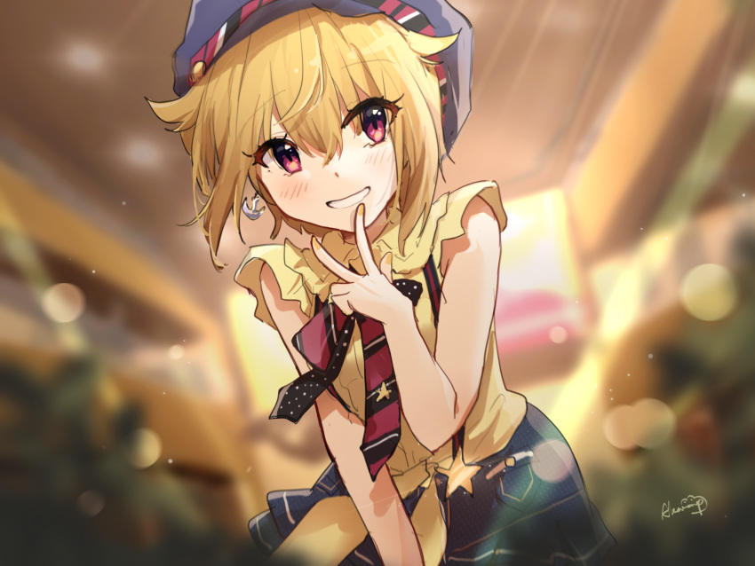 1girl absurdres ahoge blonde_hair blue_headwear blue_skirt blurry blurry_background blush breasts cowboy_shot dot_nose earrings grin hair_between_eyes hand_up hat highres ibuki_tsubasa idolmaster idolmaster_million_live! idolmaster_million_live!_theater_days jewelry large_breasts lens_flare looking_at_viewer necktie nnnn orange_nails red_eyes shirt short_hair short_sleeves signature skirt smile solo standing striped_necktie suspender_skirt suspenders two-tone_necktie v yellow_shirt