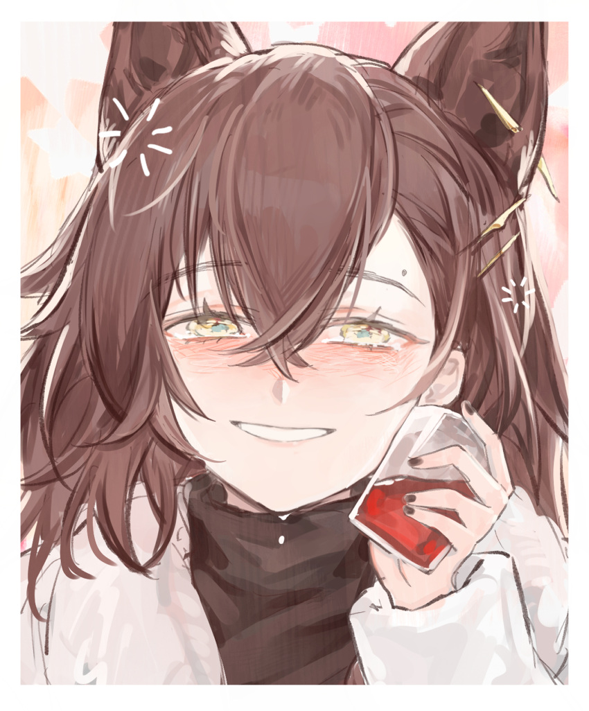 1girl animal_ear_piercing animal_ears arknights black_nails black_sweater blush crossed_bangs crying crying_with_eyes_open drink drunk hair_between_eyes hair_ornament hairclip hand_up highres holding holding_drink jacket long_sleeves looking_at_viewer mole mole_above_mouth mranz4869 official_alternate_costume open_clothes open_jacket penance_(arknights) penance_(occasionally_flushed)_(arknights) simple_background solo sweater tears white_background white_jacket wolf_ears wolf_girl yellow_eyes
