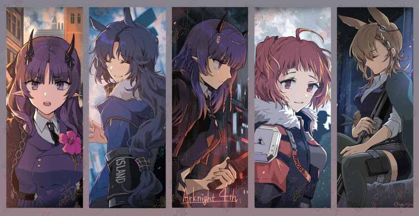 5girls ahoge animal_ears arknights beagle_(arknights) beagle_(dreadnaught)_(arknights) black_choker blonde_hair blue_eyes blue_hair blue_sky blush braid choker closed_eyes closed_mouth clouds coat earrings fang fang_(arknights) fang_(cruciata)_(arknights) glasses gloves hibiscus_(arknights) hibiscus_the_purifier_(arknights) highres horns indoors jewelry kroos_(arknights) kroos_the_keen_glint_(arknights) lava_(arknights) lava_the_purgatory_(arknights) light_particles long_hair looking_at_viewer medium_hair multiple_girls necktie open_mouth outdoors parted_lips pointy_ears purple_hair rabbit_ears rabbit_girl redhead rhodes_island_logo_(arknights) salute sitting sky smile thigh-highs twintails user_vxmg4522 violet_eyes