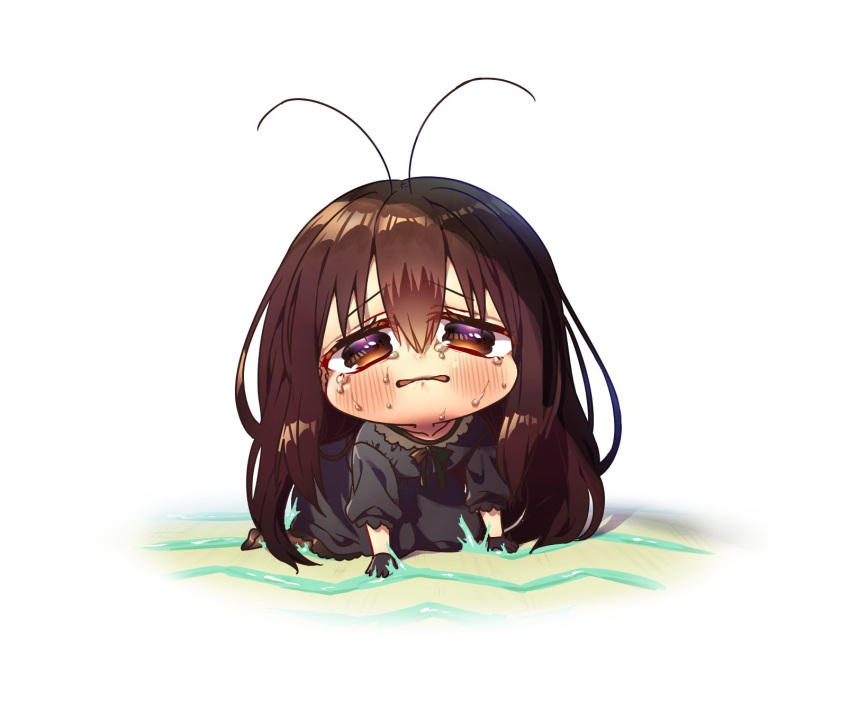 1girl antennae arthropod_girl black_bow black_dress black_gloves blush bow brown_eyes brown_hair chibi cockroach_girl commentary_request crying crying_with_eyes_open dress gloves hair_between_eyes harumina_mau highres kneeling long_hair looking_at_viewer open_mouth original personification shadow simple_background solo stuck tears very_long_hair white_background