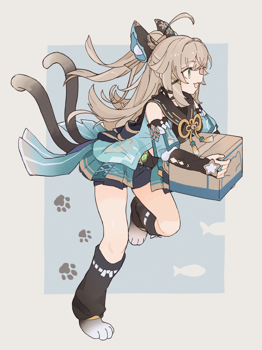 1girl :3 absurdres animal_hands arm_guards black_bow black_leg_warmers black_shorts blonde_hair blue_background blue_dress border bow box cardboard_box cat_girl cat_tail commentary_request dress fish genshin_impact gloves green_eyes hair_bow highres holding holding_box kirara_(genshin_impact) leg_warmers long_hair looking_to_the_side multiple_tails open_mouth origami_gyokuo paw_gloves paw_print ponytail shorts shorts_under_dress simple_background smile solo tail vision_(genshin_impact) white_background