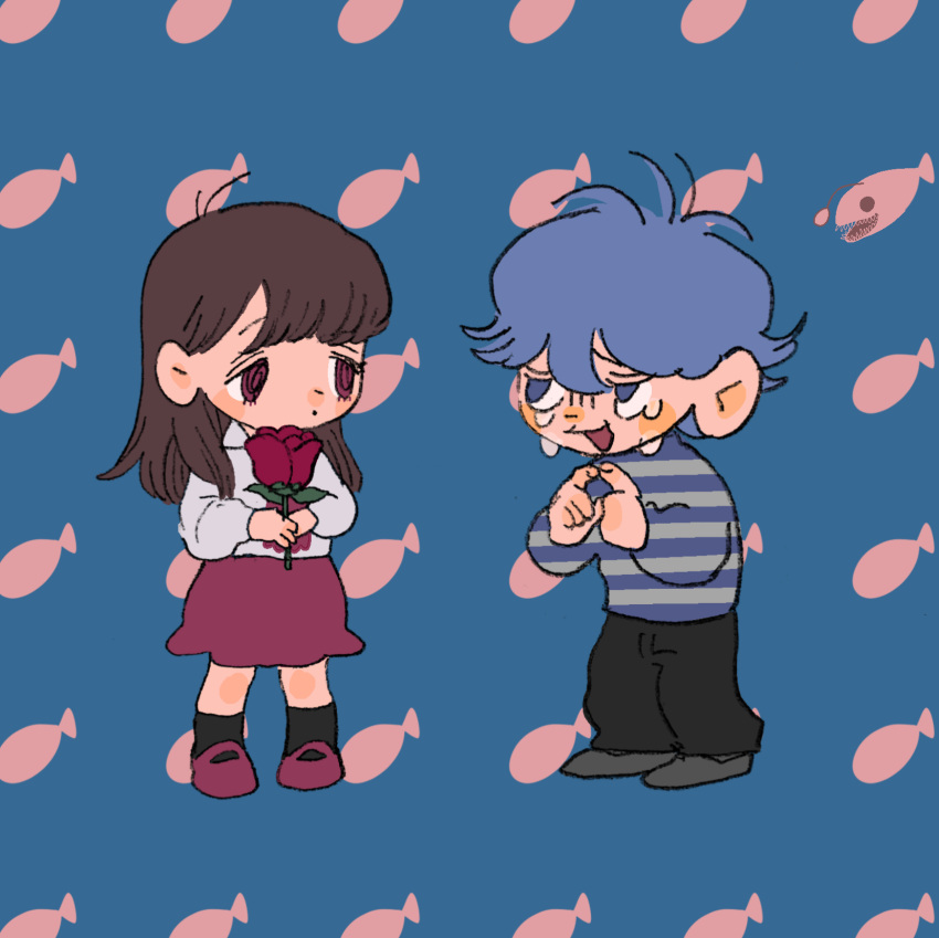 1boy 1girl anglerfish black_pants black_socks blue_background blue_eyes blue_hair brown_hair chibi commentary_request crossover crying dot_mouth expressionless eye_contact fish fish_background flower full_body gloom_(expression) highres holding holding_flower ib ib_(ib) index_fingers_together jack-o'_ran-tan long_hair long_sleeves looking_at_another mary_janes napoli_no_otokotachi odd_one_out oko_da_yo open_mouth pants red_eyes red_flower red_footwear red_rose red_skirt rose sad_smile shirt shoes skirt socks standing striped striped_sweater sweater tareme unmoving_pattern white_shirt