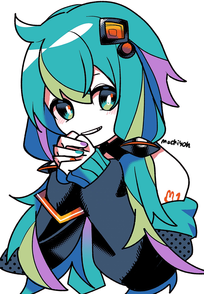1girl aqua_eyes aqua_hair artist_name bare_shoulders black_jacket commentary cosplay grin hair_between_eyes hair_ornament halftone hatsune_miku highres jacket long_hair long_sleeves looking_at_viewer low_twintails machigami_yoh multicolored_hair multicolored_nails nail_polish number_tattoo off_shoulder own_hands_together rabbit_tattoo shoulder_tattoo signature simple_background sleeves_past_wrists smile solo streaked_hair tattoo twintails upper_body vocaloid white_background yuzuki_yukari yuzuki_yukari_(cosplay)
