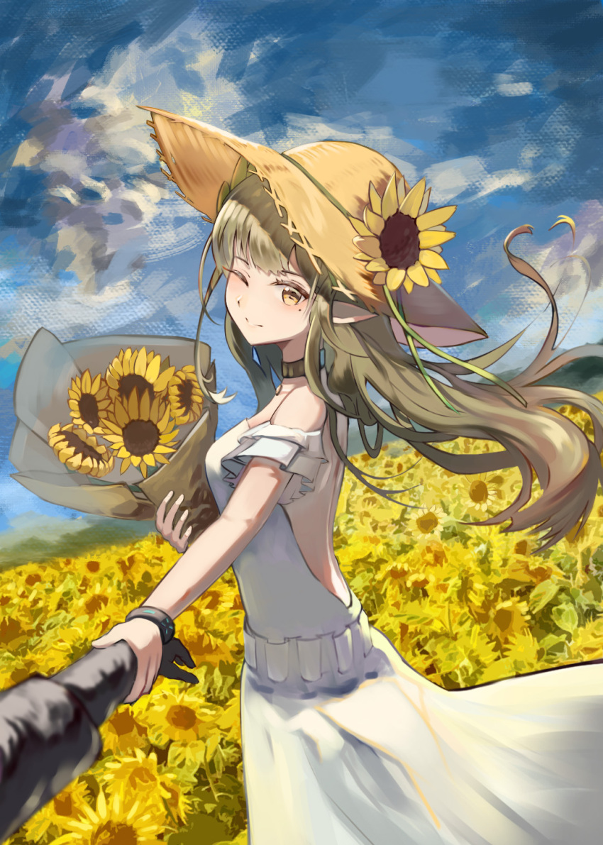 1girl 1other arknights backless_dress backless_outfit bare_shoulders bouquet choker doctor_(arknights) dress elf floating_hair flower flying_burrito_cat green_hair hat hat_flower highres holding holding_bouquet holding_hands infection_monitor_(arknights) long_hair mole mole_under_eye muelsyse_(arknights) one_eye_closed pointy_ears straw_hat sundress sunflower white_dress yellow_eyes