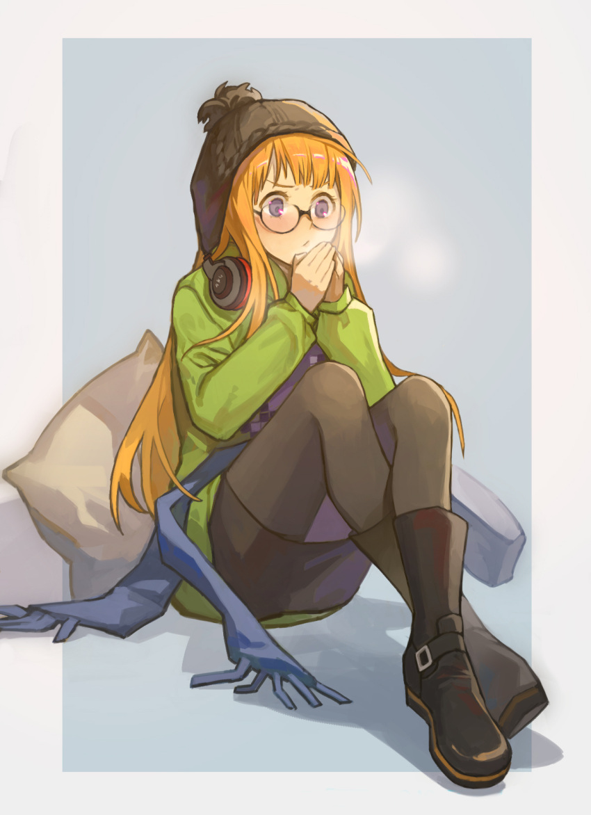 1girl black_footwear black_skirt breath brown_eyes cold glasses green_jacket hat headphones highres jacket orange_hair own_hands_clasped own_hands_together persona persona_5 pillow sakura_futaba scarf shadow simple_background skirt user_onekestrel