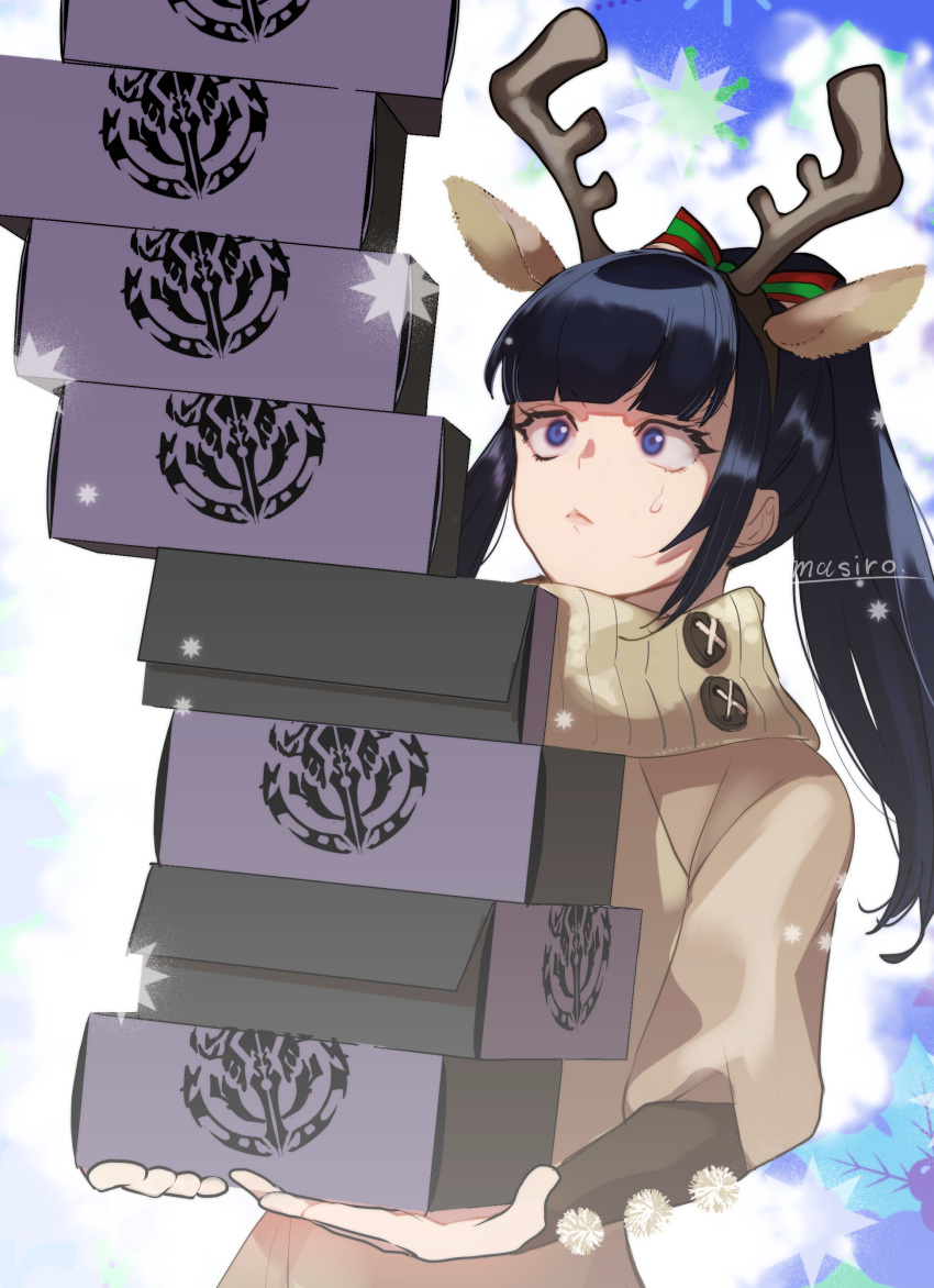 1girl :&lt; absurdres animal_ear_hairband animal_ears antlers artist_name blue_eyes blue_hair blunt_bangs bow box box_stack brown_sweater buttons christmas closed_mouth commentary_request dark_blue_hair deer_ears emblem fake_animal_ears fake_antlers green_bow hair_bow high_ponytail highres holding holding_box long_hair long_sleeves masiro mistletoe mistletoe_print narberal_gamma overlord_(maruyama) pom_pom_(clothes) ponytail red_bow reindeer_antlers sidelocks simple_background solo star_(symbol) sweatdrop sweater turtleneck turtleneck_sweater two-tone_bow upper_body wide-eyed