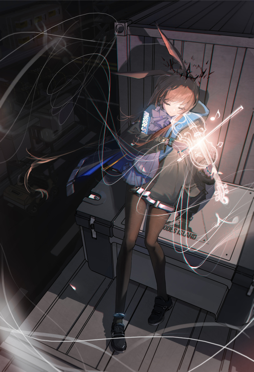 1girl absurdres amiya_(arknights) animal_ears arknights beamed_sixteenth_notes black_footwear black_halo black_jacket black_pantyhose blue_skirt bow_(music) carbon_(arknights) chromatic_aberration closed_eyes dark eighth_note forklift glowing glowing_streaks halo highres infection_monitor_(arknights) instrument jacket jewelry laowei long_hair multiple_rings music musical_note open_clothes open_jacket pantyhose playing_instrument pleated_skirt rabbit_ears rabbit_girl rhodes_island_logo_(arknights) ring road shipping_container sitting_on_chest skirt smile solo thumb_ring treble_clef very_long_hair violin