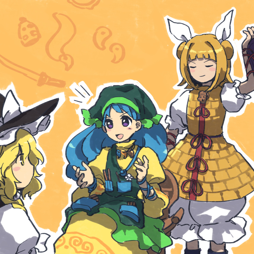 3girls apron arm_ribbon arm_up black_headwear blonde_hair blue_hair blue_ribbon blush_stickers closed_eyes closed_mouth commentary_request flat_chest frilled_apron frilled_hat frilled_sleeves frills green_apron hair_ribbon hands_up haniyasushin_keiki hat hat_ribbon highres jewelry joutouguu_mayumi kaigen_1025 kirisame_marisa long_hair magatama magatama_necklace multiple_girls necklace no_mouth no_nose notice_lines open_mouth puffy_short_sleeves puffy_shorts puffy_sleeves ribbon shirt short_sleeves shorts sleeves_past_elbows smile touhou violet_eyes white_shirt white_shorts yellow_eyes