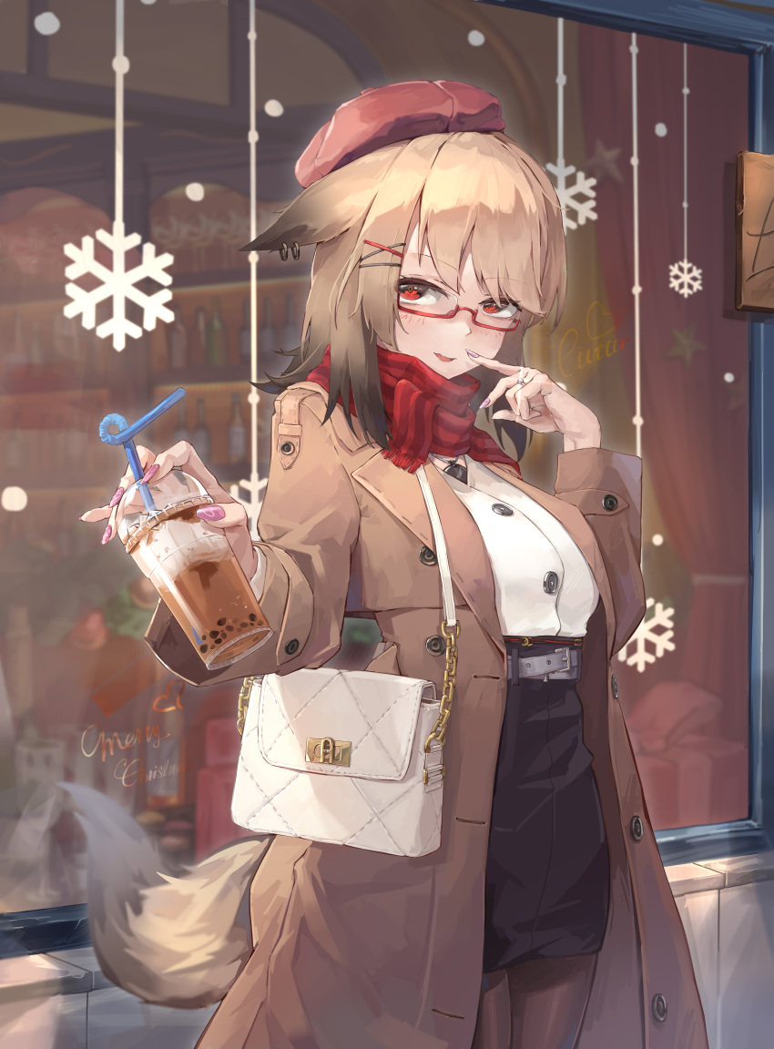 1girl absurdres alternate_costume animal_ear_piercing animal_ears arknights bag belt beret bespectacled black_skirt blush breasts brown_coat brown_hair brown_pantyhose buttons coat commentary_request cowboy_shot cup cutter_(arknights) disposable_cup drink finger_to_mouth fox_ears fox_girl fox_tail glasses hair_ornament hairclip handbag hat highres jewelry koshouko_(fenrisulfr1010) medium_breasts medium_hair merry_christmas nail_polish necklace outdoors pantyhose pink_nails red_eyes red_headwear red_scarf ring scarf shirt shirt_tucked_in skirt snowflake_ornament solo standing tail white_bag white_shirt window winter_clothes