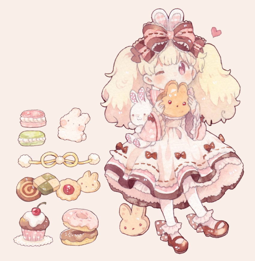 1girl animal_ears apron blonde_hair blunt_bangs bow bow_apron bow_legwear brown_bow brown_footwear checkerboard_cookie cherry collared_dress commentary cookie cupcake doughnut dress eating eyelashes food frilled_dress frilled_sailor_collar frilled_sleeves frilled_socks frills fruit full_body hair_bow heart highres holding holding_food lace-trimmed_bow lace_trim light_blush long_hair long_sleeves looking_at_viewer macaron mary_janes medium_dress mokarooru one_eye_closed original oversized_flower pink_dress pink_eyes pink_sailor_collar pink_sleeves pink_socks polka_dot polka_dot_bow pom_pom_(clothes) rabbit rabbit_ears rabbit_girl ribbon ribbon-trimmed_apron ribbon-trimmed_bow ribbon_trim sailor_collar shoes simple_background sleeve_bow sleeves_past_wrists smile socks solo stuffed_animal stuffed_rabbit stuffed_toy symbol-only_commentary thumbprint_cookie twintails white_apron white_background wide_sleeves wrist_bow yellow_ribbon