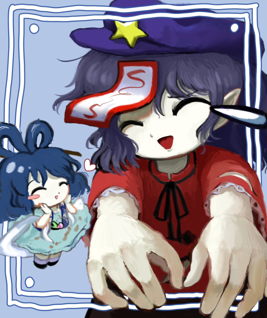 2girls ^_^ aqua_dress black_footwear black_ribbon blue_background blue_hair blush_stickers chibi closed_eyes commentary_request dress facing_viewer full_body hagoromo hair_ornament hair_rings hair_stick hands_on_own_cheeks hands_on_own_face hat_ornament heart highres jiangshi kaku_seiga lace-trimmed_sleeves lace_trim medium_hair miyako_yoshika multiple_girls neck_ribbon ofuda ofuda_on_head open_mouth outside_border outstretched_arms purple_hair purple_headwear reaching reaching_towards_viewer red_shirt ribbon shawl shirt short_sleeves simple_background smile split_depth star_(symbol) star_hat_ornament teardrop touhou upper_body yakumora_n zombie_pose