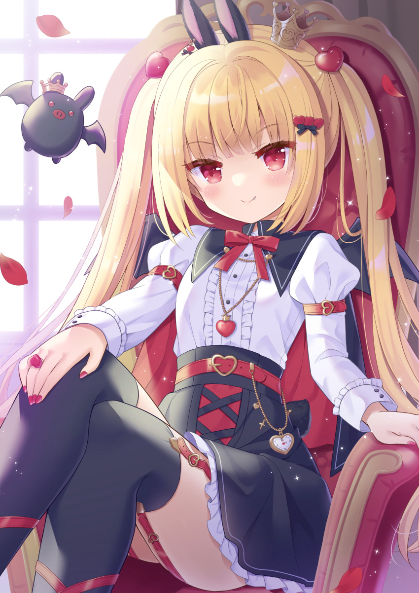 1girl animal_ears bat_(animal) belt black_bow black_skirt black_thighhighs blonde_hair blunt_bangs blush bow c: closed_mouth colored_eyelashes commentary crossed_legs crown eyelashes fang feet_out_of_frame flat_chest frilled_skirt frills garter_straps hair_bow hair_ornament hand_on_own_knee heart heart_belt heart_hair_ornament high-waist_skirt highres hoshimame_mana indoors juliet_sleeves long_hair long_sleeves looking_at_viewer mini_crown nail_polish original pocket_watch puffy_sleeves rabbit_ears rabbit_girl red_belt red_bow red_eyes red_nails shirt sidelighting skirt smile solo straight_hair thigh-highs thighs tsurime twintails vampire very_long_hair watch white_shirt window zettai_ryouiki