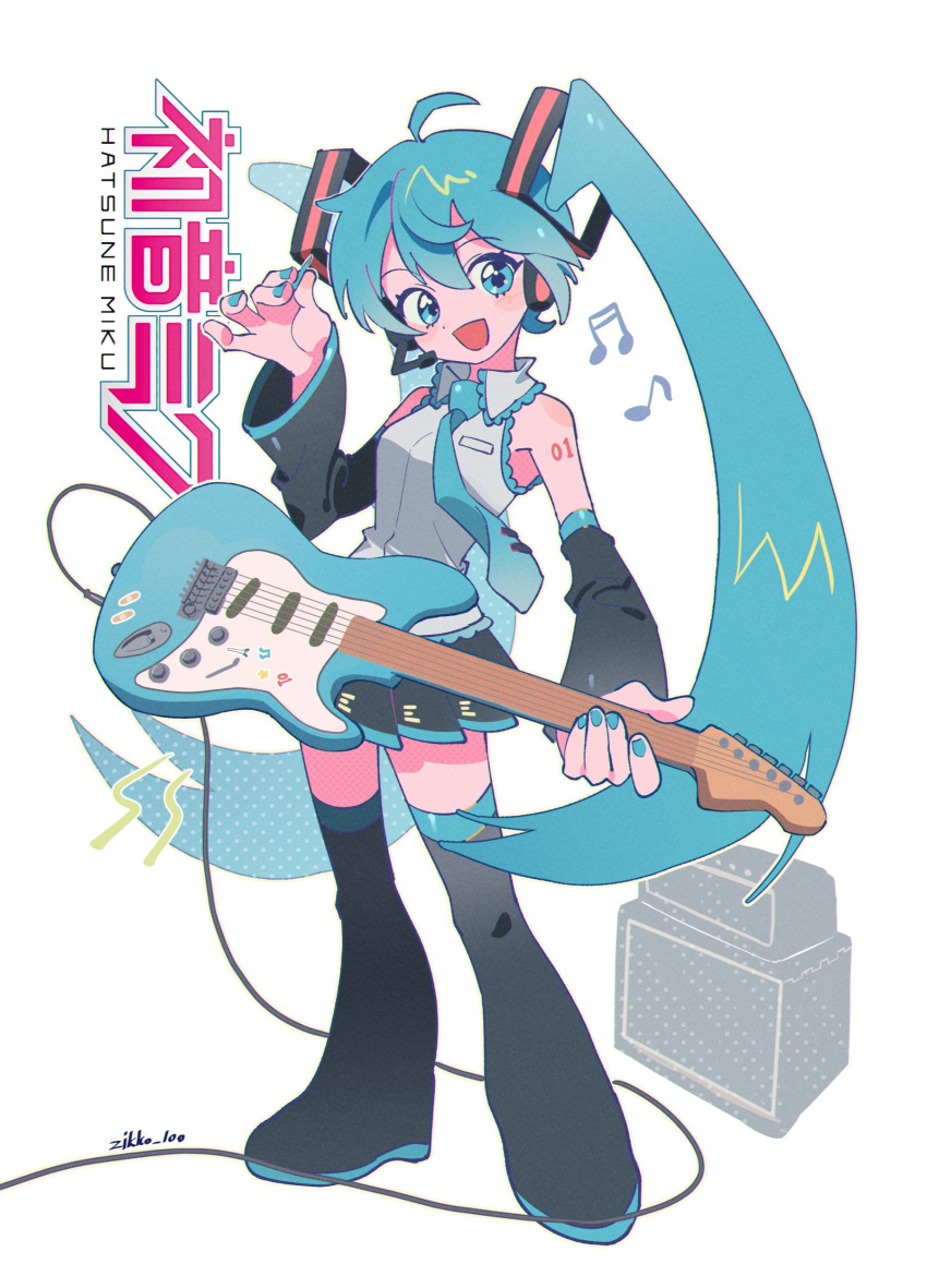 1girl :d absurdres ahoge amplifier artist_name black_footwear black_skirt blue_eyes blue_hair blue_nails blue_necktie boots cable character_name collared_shirt detached_sleeves electric_guitar frilled_shirt frills full_body guitar hair_between_eyes hand_up hashtag_only_commentary hatsune_miku headset highres holding holding_instrument holding_plectrum instrument long_hair looking_at_viewer musical_note nail_polish necktie open_mouth plectrum shirt signature simple_background skirt sleeveless sleeveless_shirt smile solo standing thigh_boots twintails vocaloid white_background white_shirt zikko_100