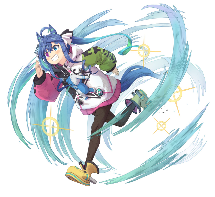 1girl @_@ ahoge air_current animal_ears aqua_hair black_nails blue_eyes blue_hair blush boots bow clothes_writing commentary_request crossed_bangs drawstring full_body grin hair_bow hand_up haniwa_(leaf_garden) heterochromia highres hood hoodie horse_ears horse_girl horse_tail leg_up leggings long_hair long_sleeves looking_ahead multicolored_clothes multicolored_hair multicolored_hoodie nail_polish partial_commentary running sharp_teeth sidelocks smile solo sparkle striped striped_bow stuffed_animal stuffed_rabbit stuffed_toy tail teeth twin_turbo_(umamusume) twintails two-tone_hair umamusume violet_eyes visible_air white_background yellow_footwear