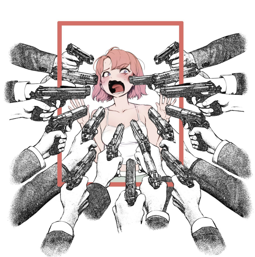 1girl 6+others at_gunpoint bare_shoulders breasts collarbone commentary gradient_hair gun gun_to_head handgun hands_up highres holding holding_gun holding_weapon john_wick long_sleeves looking_at_another medium_breasts mr_tangsuyuk multicolored_hair multiple_others open_mouth orange_hair original parody pointing_gun screaming short_hair solo_focus spaghetti_strap surrounded surrounded_by_guns sweat symbol-only_commentary tank_top violet_eyes weapon white_tank_top