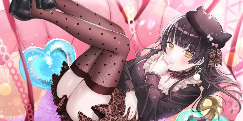 1girl :3 animal_ears animal_hat black_footwear black_hair black_headwear black_shirt blunt_bangs blurry blurry_background blush bow brown_bow brown_pantyhose brown_skirt cat_ears cat_hat closed_mouth couch earrings fake_animal_ears fishnet_pantyhose fishnets hair_bow haruri hat heart heart_earrings heart_pillow highres idolmaster idolmaster_shiny_colors jewelry lens_flare long_hair long_sleeves looking_at_viewer lying mayuzumi_fuyuko miniskirt neck_ribbon on_back pantyhose pillow pink_ribbon polka_dot_thighhighs print_bow print_skirt ribbon shirt skirt solo sparkle yellow_eyes zettai_ryouiki