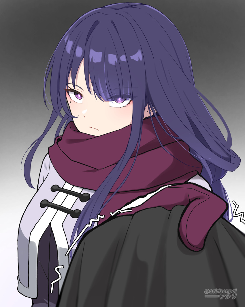 1girl absurdres alternate_costume angry asiri_senpai blunt_bangs braid clothes_pull coat commentary english_commentary genshin_impact gradient_background highres long_hair long_sleeves looking_at_viewer low_ponytail mittens mole mole_under_eye pov purple_hair purple_mittens raiden_shogun red_scarf scarf sidelocks signature simple_background single_braid v-shaped_eyebrows violet_eyes winter_clothes winter_coat
