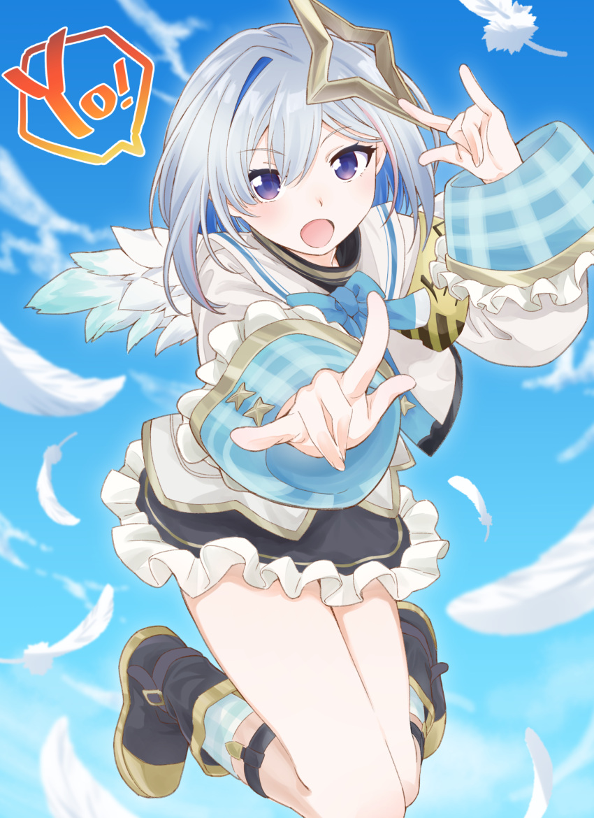 1girl \m/ amane_kanata black_footwear black_skirt blue_hair blue_sky blue_wings blurry blurry_background boots burisuke_(koujiro) clouds commentary_request day depth_of_field double_\m/ feathered_wings feathers frilled_skirt frilled_sleeves frills grey_hair hair_between_eyes hand_up highres hololive jacket knees_together_feet_apart long_sleeves looking_at_viewer mini_wings multicolored_hair open_mouth outdoors outstretched_arm plaid_socks single_hair_intake skirt sky solo two-tone_hair violet_eyes virtual_youtuber white_feathers white_jacket white_wings wings