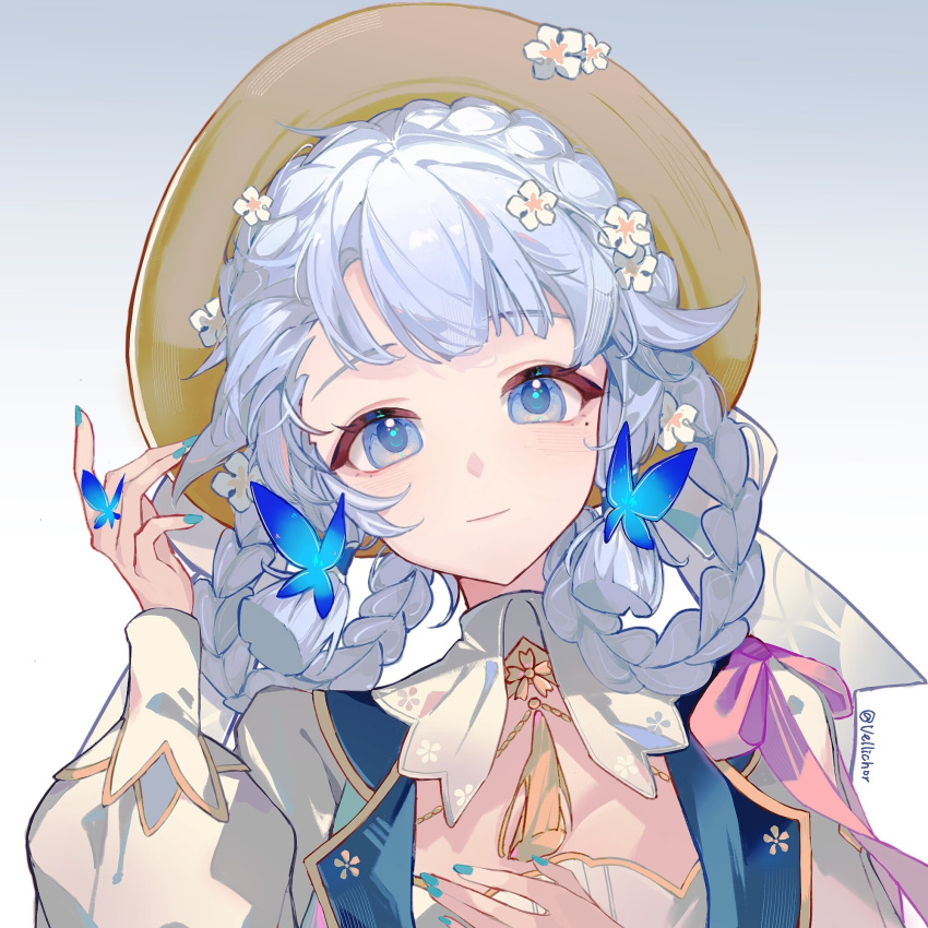 1girl artist_name blue_eyes blue_hair blue_nails blunt_tresses braided_hair_rings brown_headwear butterfly_hair_ornament butterfly_ring closed_mouth commentary_request daier45770 dress flower genshin_impact hair_ornament hair_ribbon hair_rings hand_up hat hat_flower highres kamisato_ayaka kamisato_ayaka_(springbloom_missive) light_blue_hair long_hair long_sleeves looking_at_viewer mole mole_under_eye neck_tassel official_alternate_costume official_alternate_hairstyle puffy_long_sleeves puffy_sleeves ribbon smile solo tassel upper_body white_dress white_hair