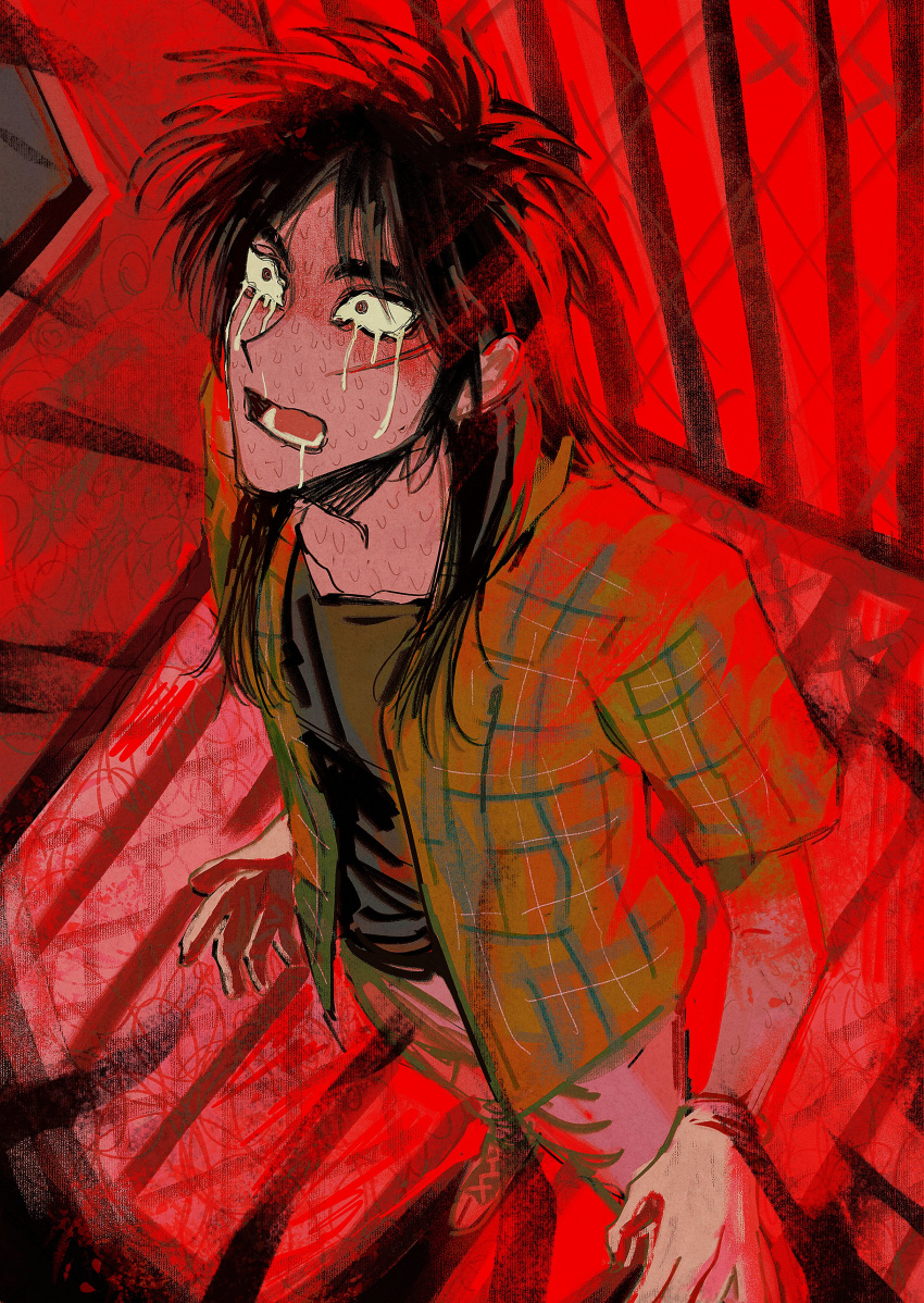 1boy absurdres black_eyes black_hair black_shirt cevio chikyuu_no_ura_(cevio) constricted_pupils crying crying_with_eyes_open full_body gloves green_shirt grey_pants hair_over_shoulder highres itou_kaiji kaiji long_hair looking_up male_focus medium_bangs nervous_sweating ninjin open_clothes open_mouth open_shirt pants parted_bangs plaid plaid_shirt red_background scar scar_on_cheek scar_on_face shirt short_sleeves solo standing sweat tears undershirt white_gloves