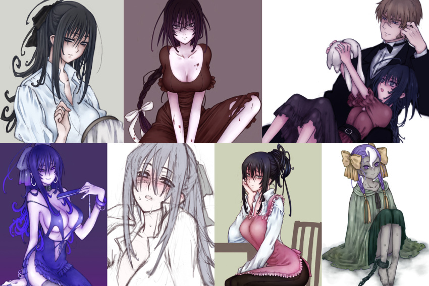 apron bad_id barefoot black_hair blood blouse blush bow braid breasts brown_hair chacoly_cocotte chain cleavage collar dress earrings fan formal glasses hair_bow hair_bun hair_ribbon hamutz_meseta jewelry large_breasts mattalast_balory multicolored_hair open_clothes open_shirt purple_eyes ribbon scar sewing shirt smile stuffed_animal stuffed_toy suit tatakau_shisho violet_eyes young