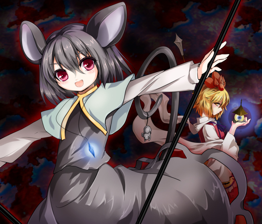 absurdres animal_ears blonde_hair grey_hair hair_ornament highres jeweled_pagoda jewelry kaze_yetworldview mouse mouse_ears mouse_tail multiple_girls nazrin pendant polearm red_eyes shawl short_hair spear tail toramaru_shou touhou weapon yellow_eyes