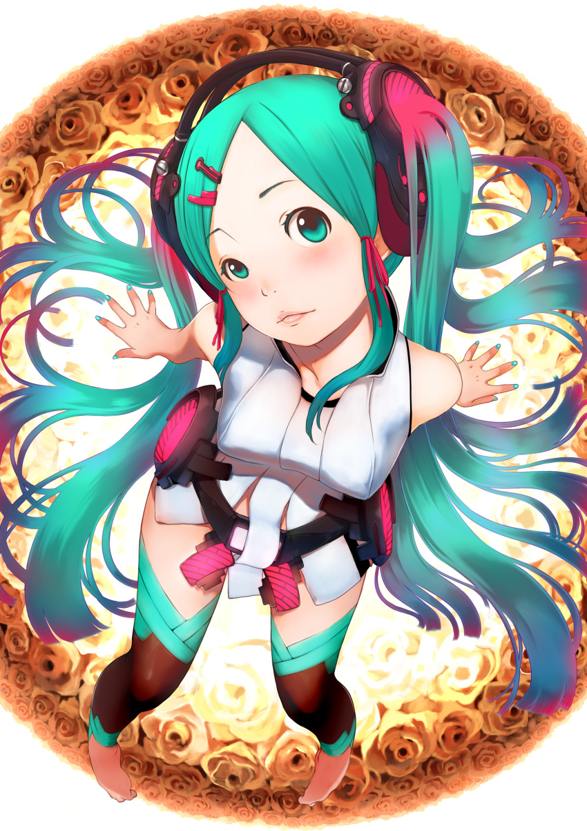 absurdres aqua_eyes aqua_hair barefoot belt face flower forehead from_above hair_ornament hair_ribbon hairclip hatsune_miku hatsune_miku_(append) headphones highres lips long_hair miku_append necktie ribbon rose solo toeless_socks twintails utu very_long_hair vocaloid vocaloid_append