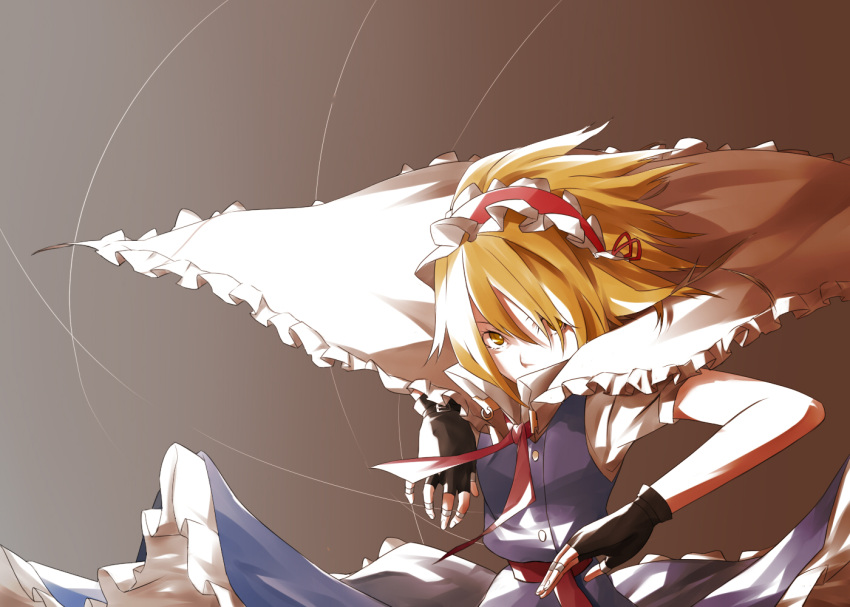 blonde_hair cape capelet fingerless_gloves frills gathers gloves hair_over_one_eye mitsusaka_mitsumi simple_background solo string touhou