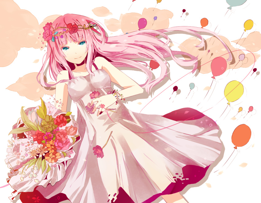 aqua_eyes balloon bouquet bracelet colored_eyelashes dress eyelashes flower head_wreath itamidome jewelry just_be_friends_(vocaloid) long_hair megurine_luka pink_hair smile solo tears vocaloid white_dress
