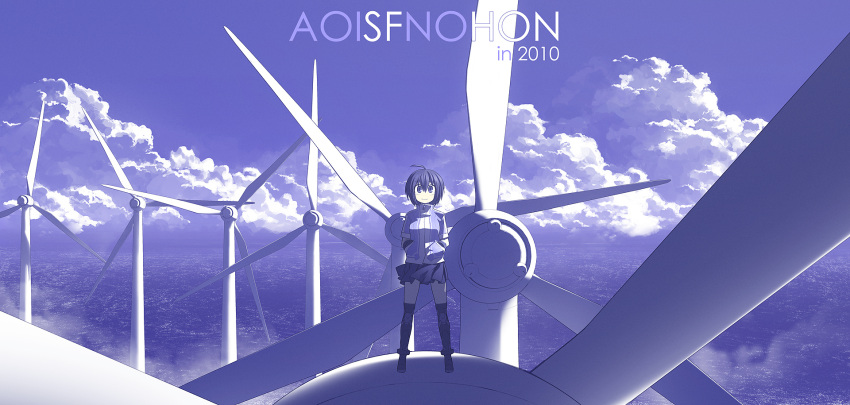 2010 ahoge blue city cityscape cloud clouds highres horizon jacket looking_at_viewer masariro original science_fiction scifi short_hair skirt sky solo standing wind_turbine windmill