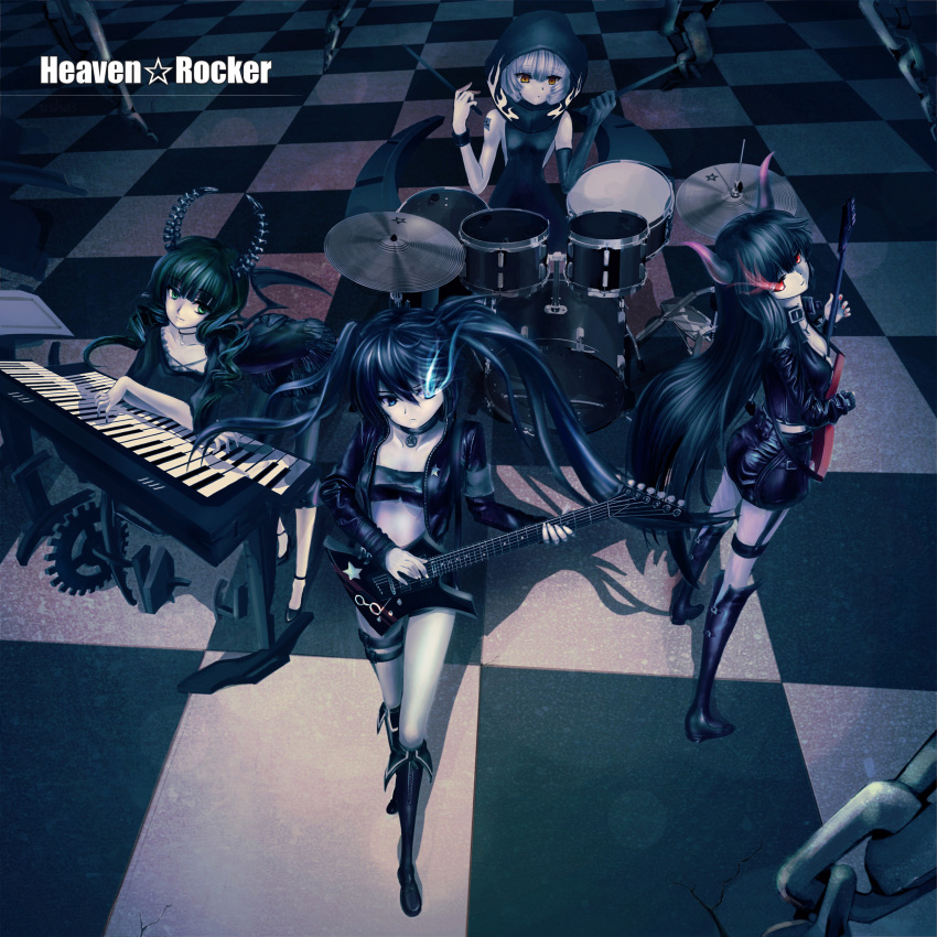 absurdres bikini_top black_gold_saw black_hair black_rock_shooter black_rock_shooter_(character) blue_eyes boots coat curly_hair dead_master drum glowing glowing_eyes green_eyes guitar highres horns instrument k-on! keyboard_(instrument) long_hair midriff multiple_girls pale_skin parody red_eyes smile strength_(black_rock_shooter) twintails ushas white_hair yellow_eyes