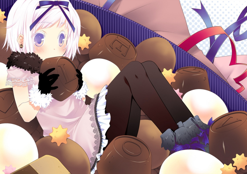 boots candy checkerboard_cookie chocolate cookie dress earrings food gloves hair_ribbon in_food jewelry konpeitou lavender_eyes lavender_hair minigirl original pantyhose ribbon solo yano_mirura
