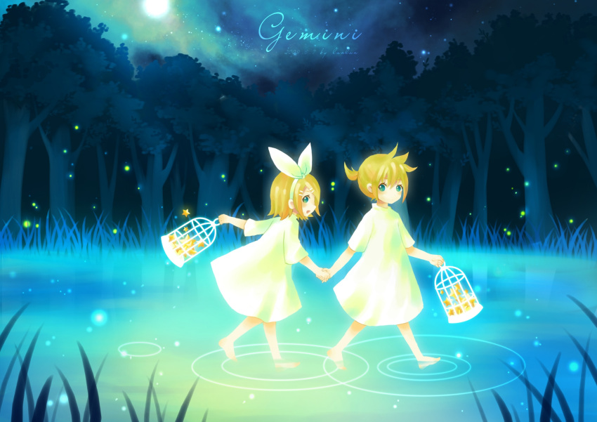 birdcage blonde_hair blue_eyes cage dress eulb fireflies forest gemini_(vocaloid) highres kagamine_len kagamine_rin nature ribbon siblings star twins vocaloid water